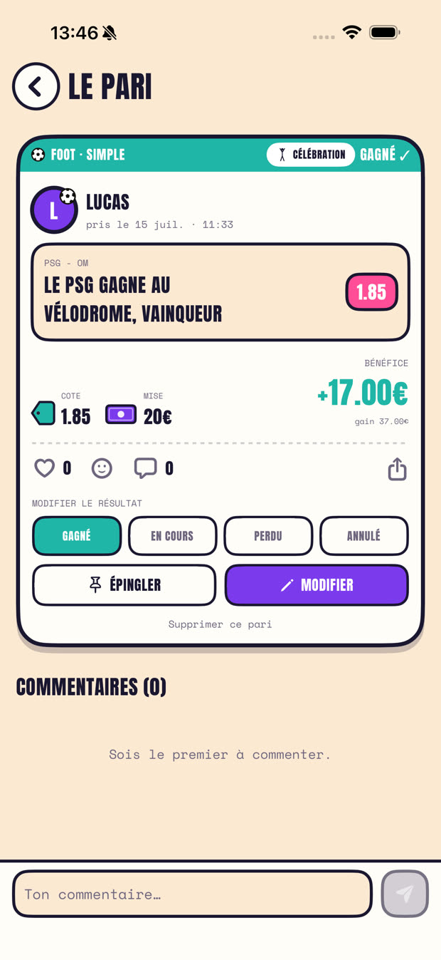 Le détail d'un pari : likes, commentaires, réactions