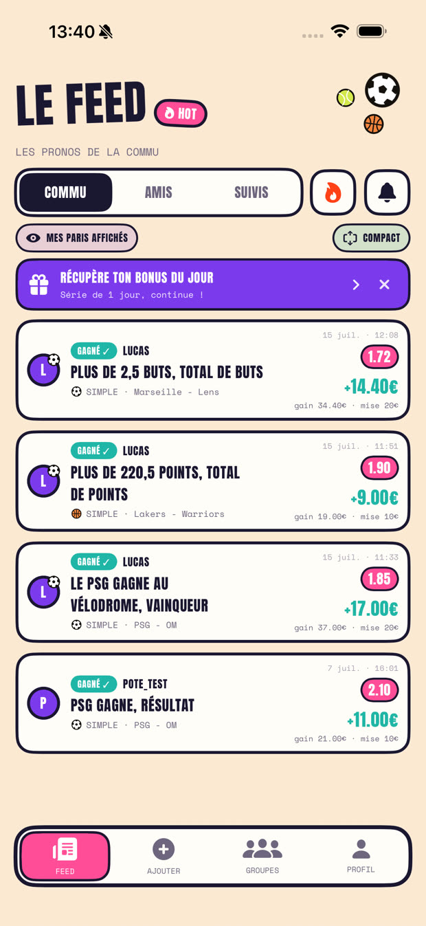 Le feed SociaBet : les pronos de la communauté et de tes amis