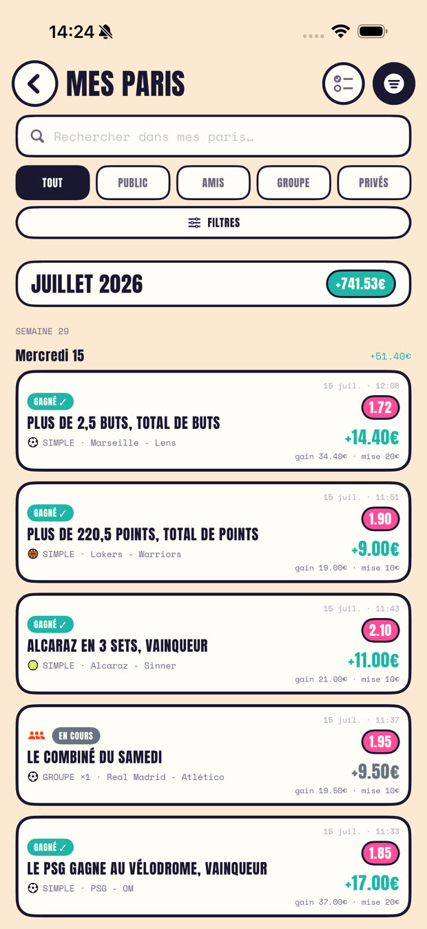 Tous mes paris : recherche, filtres et tri