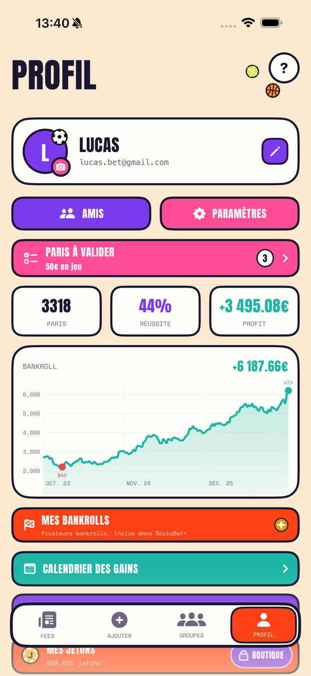 Le profil SociaBet : bankroll et stats