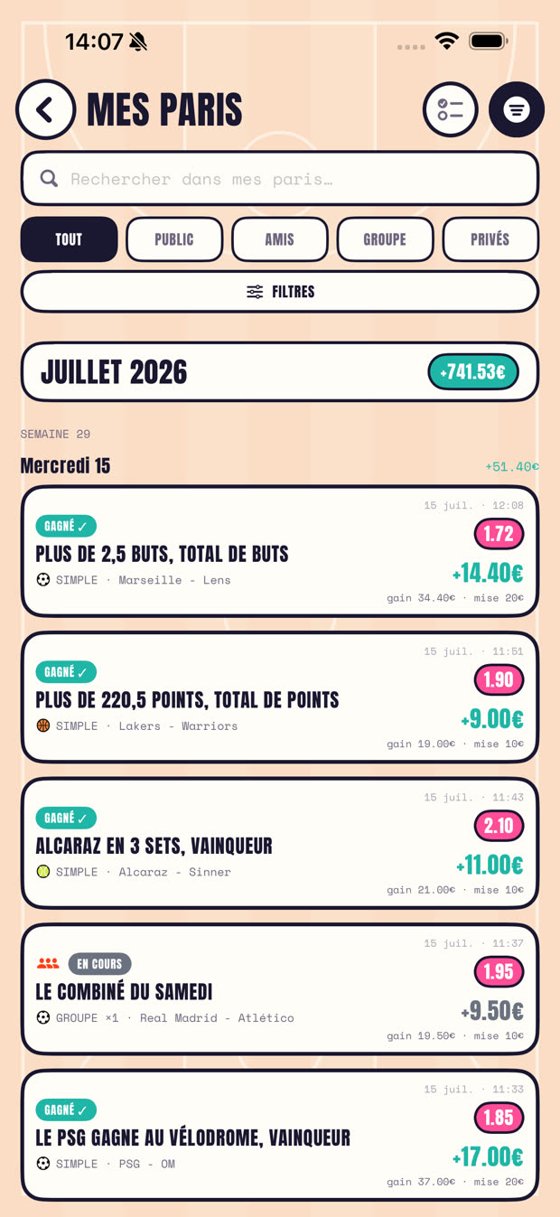 La liste des paris avec le fond parquet basket